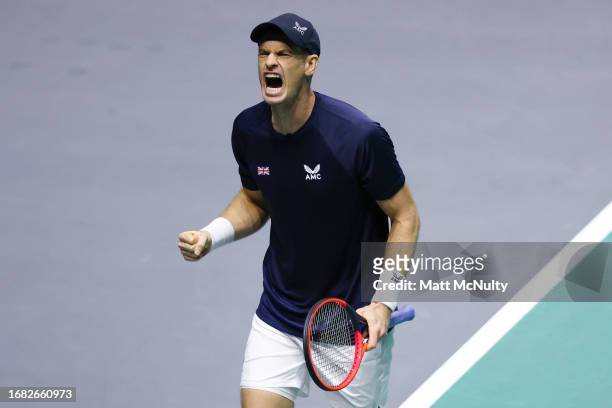 Andy Murray of Team Great Britain celebrates after breaking serve during the Davis Cup Finals Group Stage at AO Arena on September 15, 2023 in...