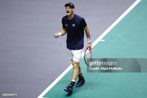 Andy Murray of Team Great Britain celebrates after breaking serve during the Davis Cup Finals Group Stage at AO Arena on September 15, 2023 in...