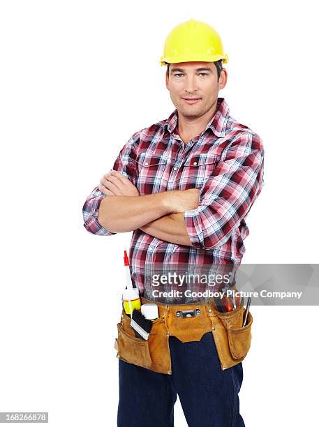 this handyman will leave your home in tip-top shape - blue collar construction isolated stock pictures, royalty-free photos & images