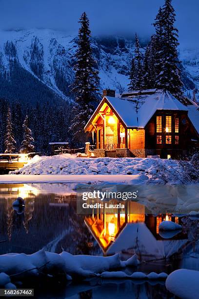 wintery cabin reflection - countryside landscape with house stock pictures, royalty-free photos & images