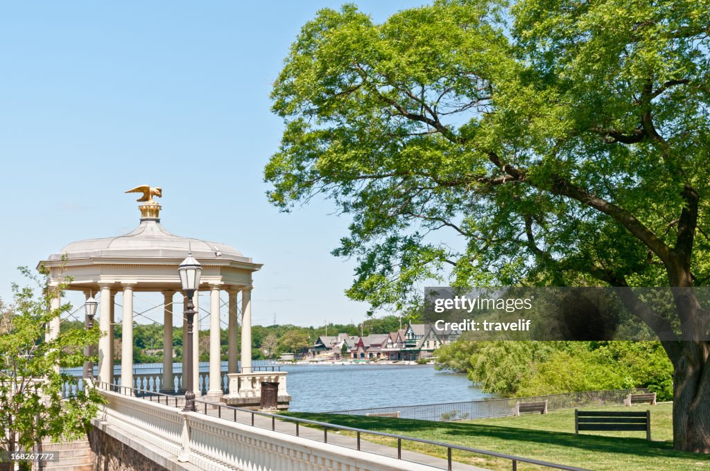 Schuylkill River waterfront with boathouses row in background