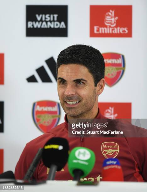 Arsenal manager Mikel Arteta attends a press conference at London Colney on September 15, 2023 in St Albans, England.