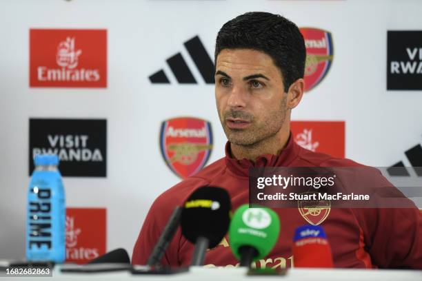 Arsenal manager Mikel Arteta attends a press conference at London Colney on September 15, 2023 in St Albans, England.