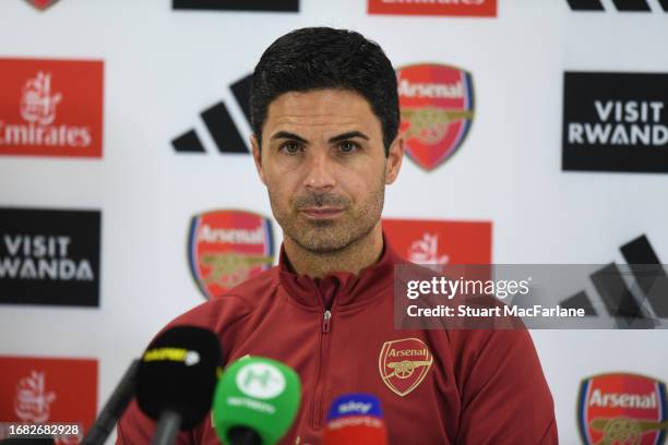 Arsenal manager Mikel Arteta attends a press conference at London Colney on September 15, 2023 in St Albans, England.