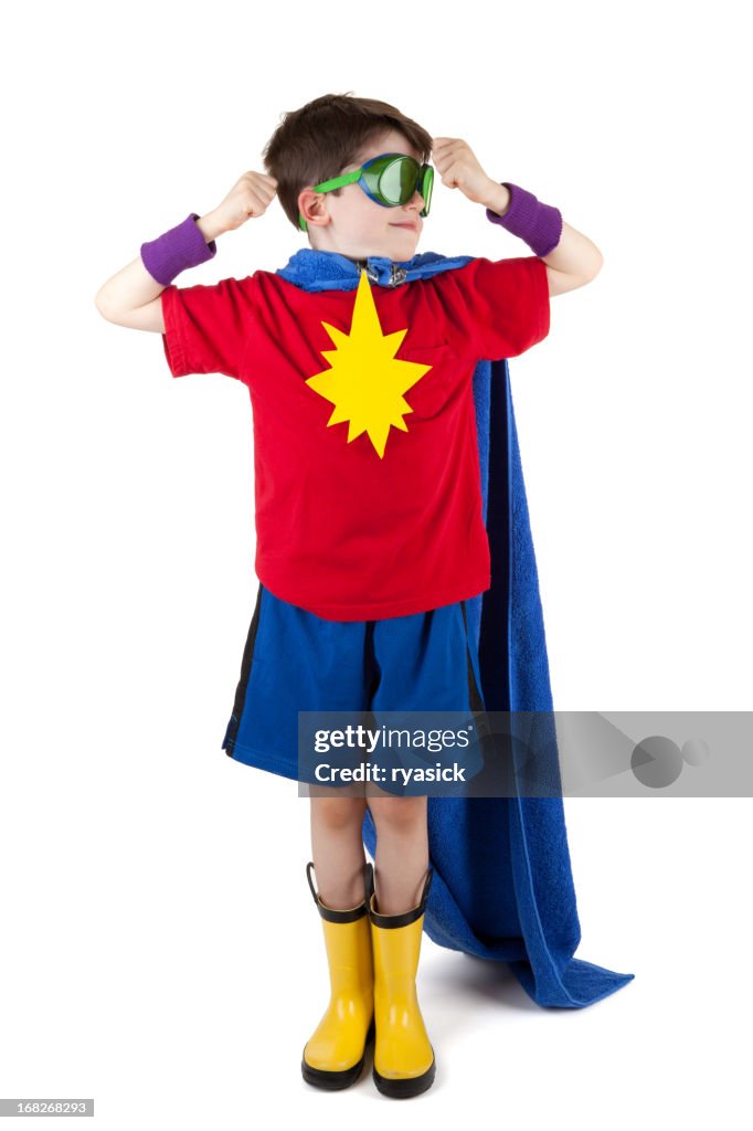 Boy Superhero Wearing Goggles Full Figure Isolated On White