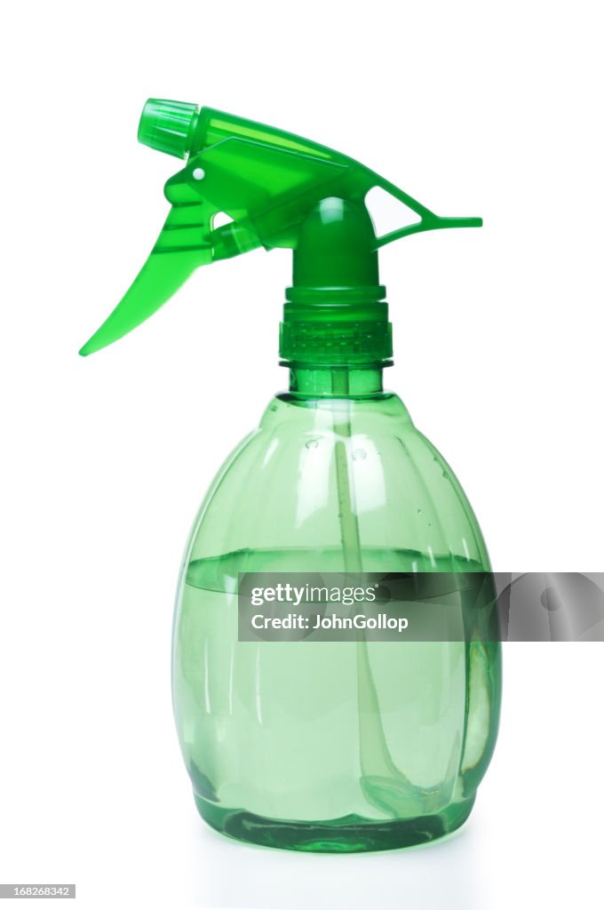 Green clear water sprayer on a white background