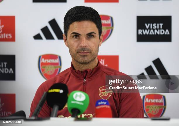 Arsenal manager Mikel Arteta attends a press conference at London Colney on September 15, 2023 in St Albans, England.