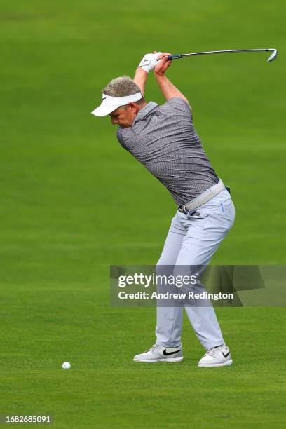 Luke Donald of England plays his second shot on the 4th hole on Day Two of the BMW PGA Championship at Wentworth Golf Club on September 15, 2023 in...