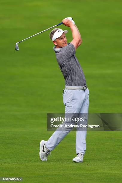 Luke Donald of England plays his second shot on the 4th hole on Day Two of the BMW PGA Championship at Wentworth Golf Club on September 15, 2023 in...