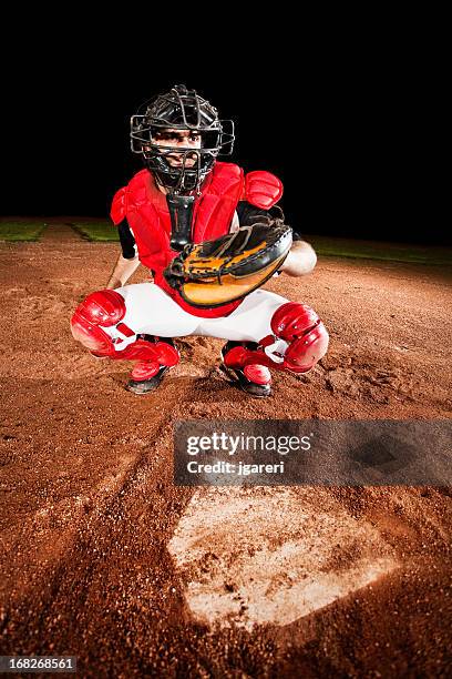 baseball player (catcher) at home plate - softball glove stock pictures, royalty-free photos & images