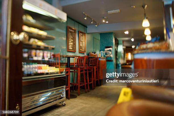 display case and furniture in interior of cafe - beverage fridge stock pictures, royalty-free photos & images