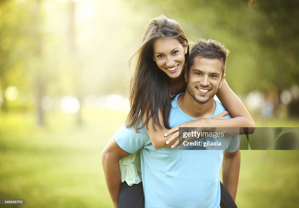 Happy couple in park.