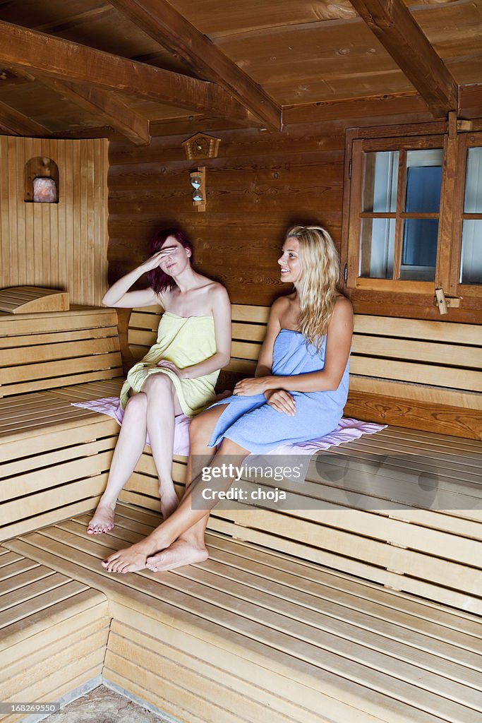 Beautiful young females relaxing in Finnish sauna