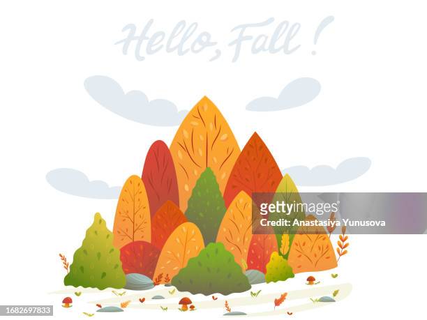 ilustrações de stock, clip art, desenhos animados e ícones de fall landscape with fores crop and yellow trees - biodiversidade