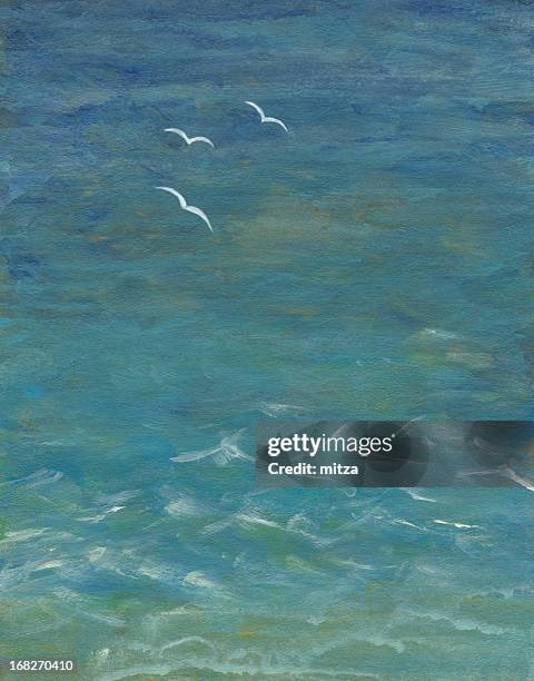 ilustraciones, imágenes clip art, dibujos animados e iconos de stock de pintura acrílica paisaje marino con tres gaviotas - vista marina