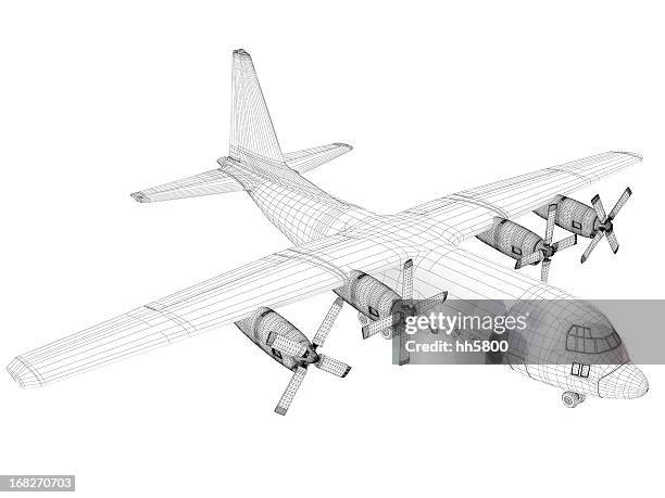 3d sketch architecture  cargo military transport airplane  lockheed c-130 hercules - military aeroplane stockfoto's en -beelden