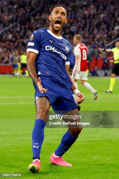 Pierre-Emerick Aubameyang of Marseille celebrate his goal the 3-3 looks on during the UEFA Europa League Group B match between AFC Ajax and Olympique...