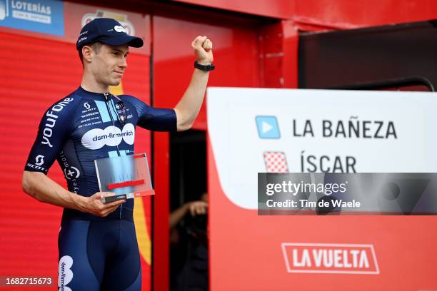 Alberto Dainese of Italy and Team DSM - Firmenich celebrates at podium as stage winner during the 78th Tour of Spain 2023, Stage 19 a 177.1km stage...