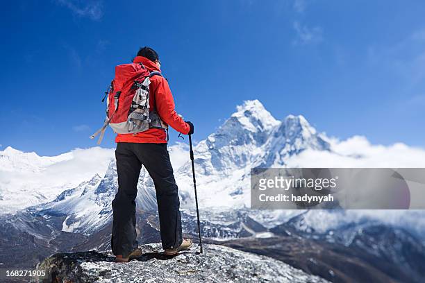 woman looking at ama dablam, mount everest national park - himalayas climbers stock pictures, royalty-free photos & images