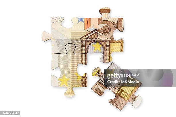eroding euro currency - puzzle 4 puzzle pieces stock pictures, royalty-free photos & images