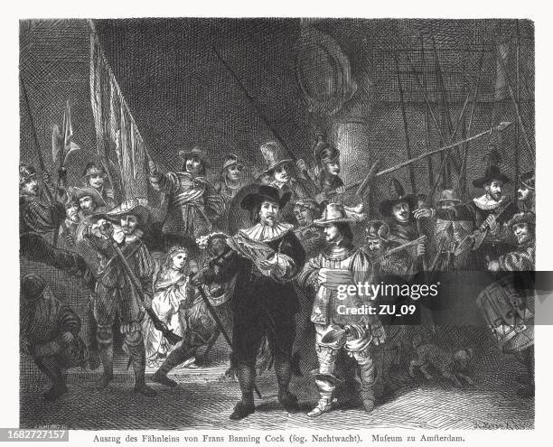 the night watch, painted by rembrandt, wood engraving, published 1878 - rembrandt night watch stock illustrations