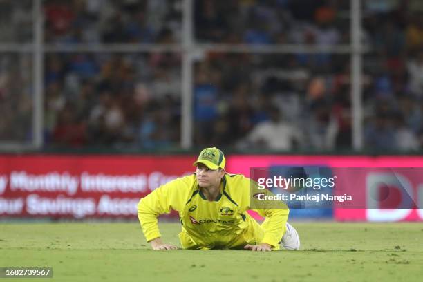 Steven Smith of Australia looks on during game one of the One Day International series between India and Australia at Inderjit Singh Bindra Stadium...