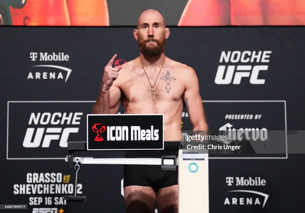 Kyle Nelson of Canada poses on the scale during the Noche UFC... News