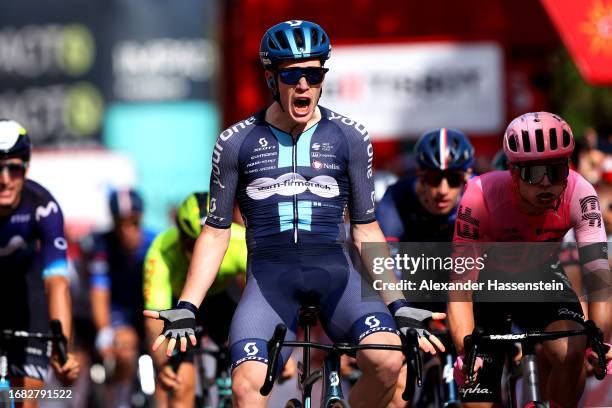 Alberto Dainese of Italy and Team DSM - Firmenich celebrates at finish line as stage winner during the 78th Tour of Spain 2023, Stage 19 a 177.1km...