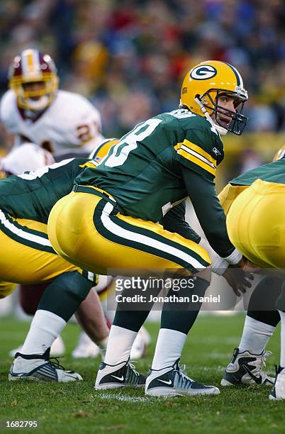 Quarterback Doug Pederson of the Green Bay Packers waits for the snap during the NFL game against the Washington Redskins at Lambeau Field on October...