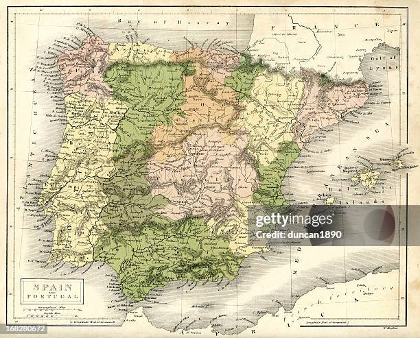 ilustrações de stock, clip art, desenhos animados e ícones de mapa antigo de espanha e de portugal - mapa portugal