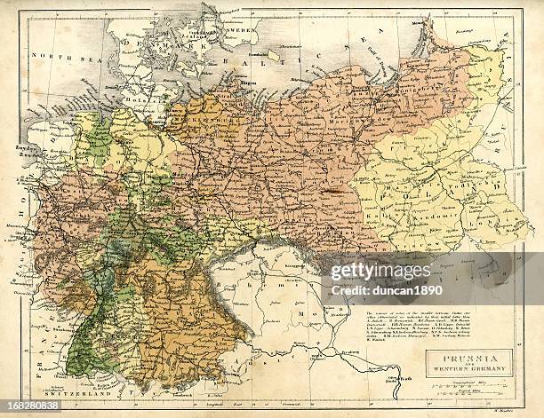 ilustrações, clipart, desenhos animados e ícones de mapa antigo of prussia e oeste da alemanha - prússia