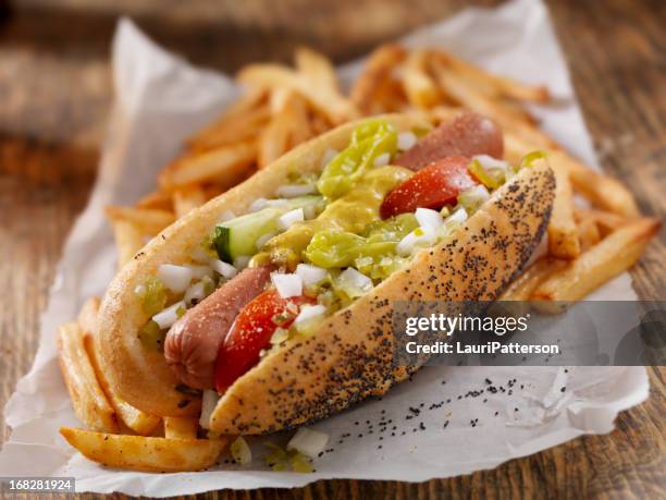 classic chicago dog with fries - relish stock pictures, royalty-free photos & images