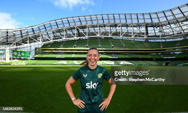 Dublin , Ireland - 22 September 2023; Katie McCabe poses for a portrait after a Republic of Ireland women press conference at the Aviva Stadium in...