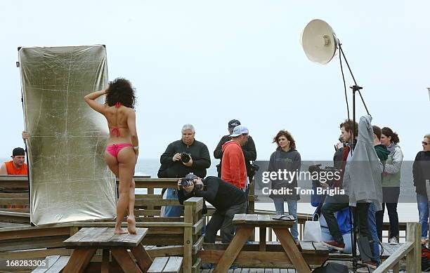 On the beach in South Jersey with The Philadelphia Eagles Cheerleaders shooting their 2014 Calendar. Photographer Dom Savini of Philadelphia, PA is...