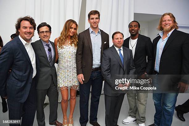 Jon Geiselman, Paul Guyardo, Hannah Davis, Eli Manning, Keith Kazerman, Hakeem Nicks and Nick Mangold attend DIRECTV's 2013 National Ad Sales Upfront...