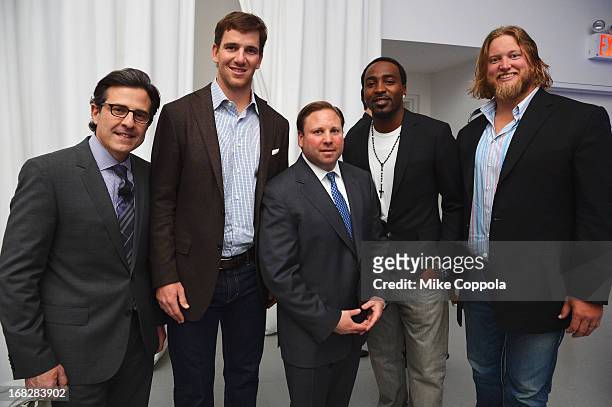 Paul Guyardo, Eli Manning, Keith Kazerman, Hakeem Nicks and Nick Mangold attend DIRECTV's 2013 National Ad Sales Upfront on May 7, 2013 in New York...