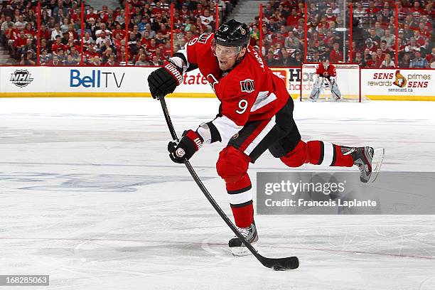 Milan Michalek of the Ottawa Senators fires a slapshot against the Montreal Canadiens in Game Three of the Eastern Conference Quarterfinals during...