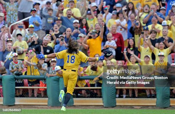 Brockton, Mass., August 16, 2023: Johnny Damon celebrates his 2 RBI hit as the Savannah Bananas take on the Party Animals at Campanelli Stadium on...