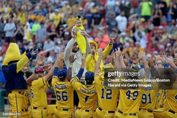 Brockton, Mass., August 16, 2023: The Baby of the Game is introduced as the Savannah Bananas take on the Party Animals at Campanelli Stadium on...