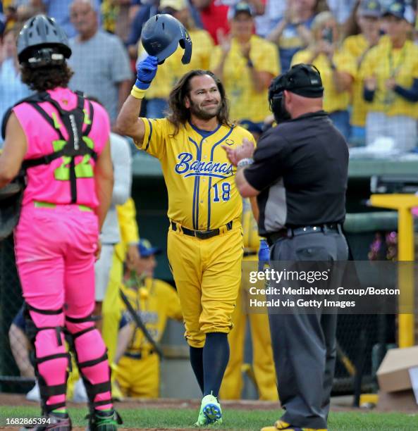 Brockton, Mass., August 16, 2023: Johnny Damon is introduced as a batter as the Savannah Bananas take on the Party Animals at Campanelli Stadium on...