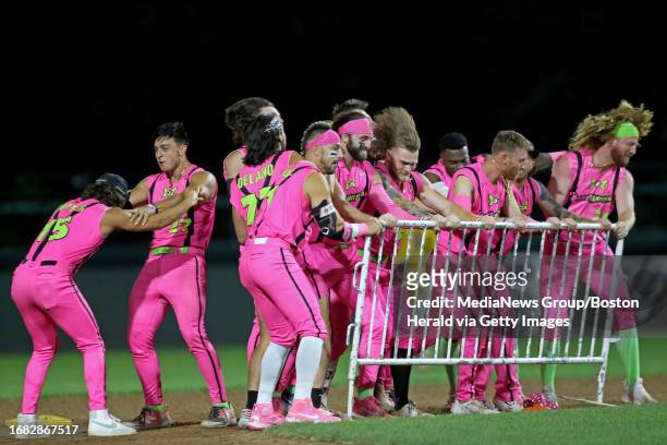 Brockton, Mass., August 16, 2023: The Party Animals celebrate a double with a dance at second base as the Savannah Bananas take on the Party Animals...