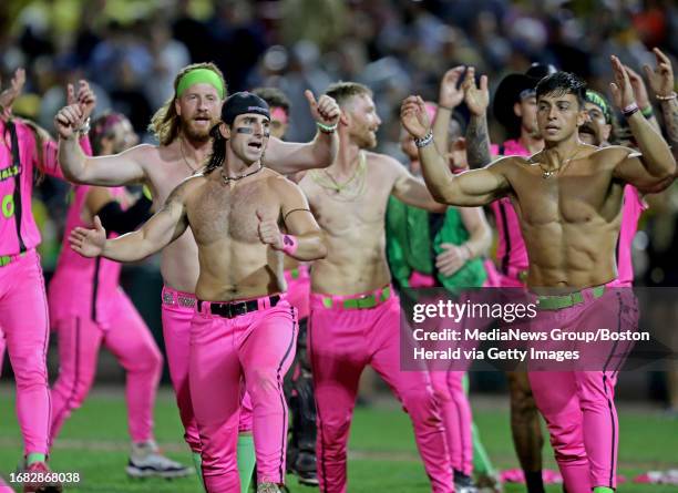 Brockton, Mass., August 16, 2023: The Party Animals celebrate the win with a shirtless dance as the Savannah Bananas take on the Party Animals at...