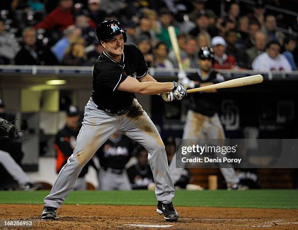 Matt Diaz of the Miami Marlins hits a double during the fourth inning of a baseball game against the San Diego Padres at Petco Park on May 7, 2013 in...