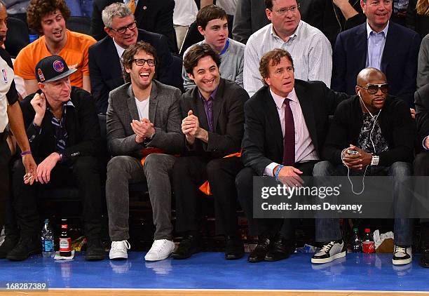 John McEnroe, Josh Groban and Floyd Mayweather Jr. Attend the New York Knicks vs Indiana Pacers NBA Playoff Game at Madison Square Garden on May 7,...