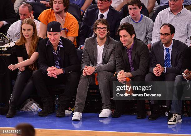 John McEnroe and Josh Groban attend the New York Knicks vs Indiana Pacers NBA Playoff Game at Madison Square Garden on May 7, 2013 in New York City.