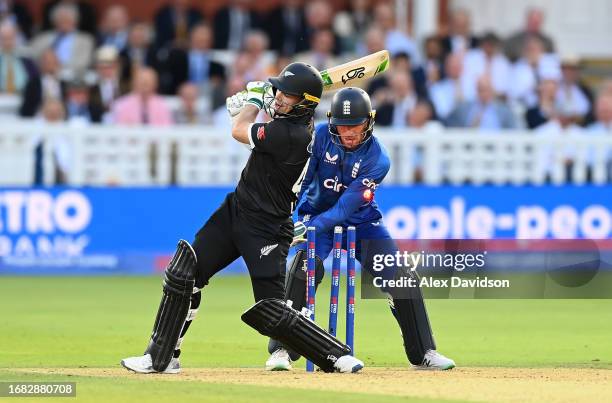 Tom Latham of New Zealand is bowled by Moeen Ali of England during the 4th Metro Bank ODI between England and New Zealand at Lord's Cricket Ground on...