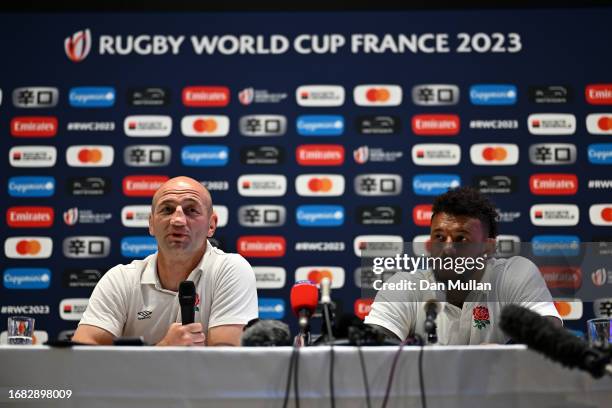 Steve Borthwick, Head Coach of England and Courtney Lawes of England speak to the media during a press conference at Mouratoglou Hotel & Resort on...