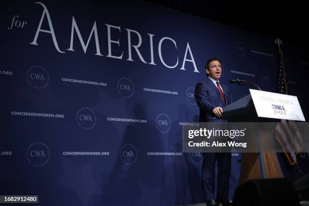 Republican U.S. Presidential candidate and Florida Gov. Ron DeSantis addresses the Concerned Women for America Legislative Action Committee on...