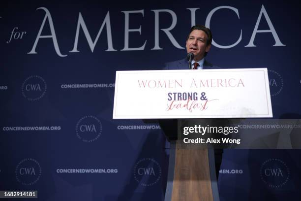 Republican U.S. Presidential candidate and Florida Gov. Ron DeSantis addresses the Concerned Women for America Legislative Action Committee on...
