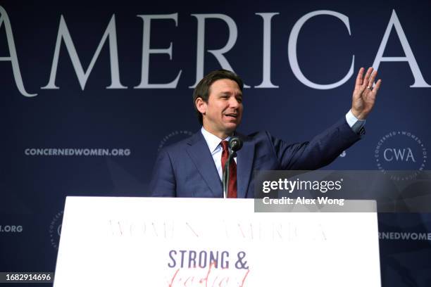 Republican U.S. Presidential candidate and Florida Gov. Ron DeSantis waves as he addresses the Concerned Women for America Legislative Action...